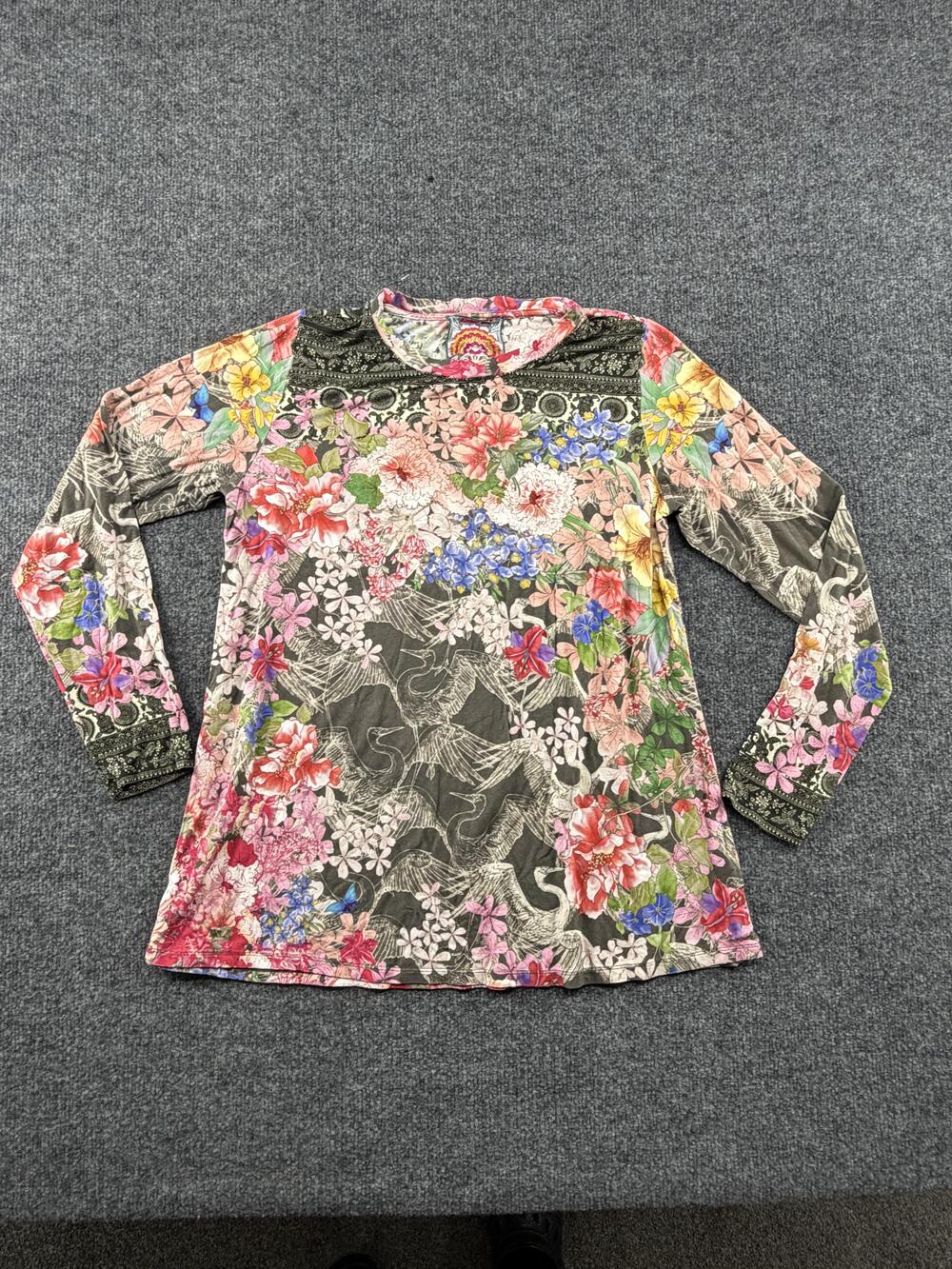 Johnny Was Shirt Womens Medium Multicolor Floral Bird Crew Neck Long Sleeve Top